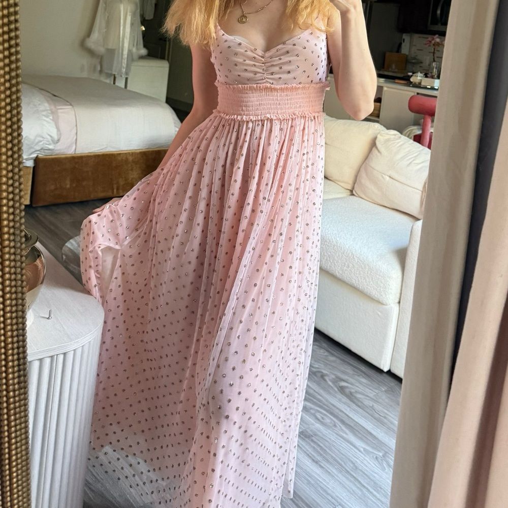 Free People Pink Tulle Glitter Mesh Maxi Slip Dress Romantic Fairycore Xs